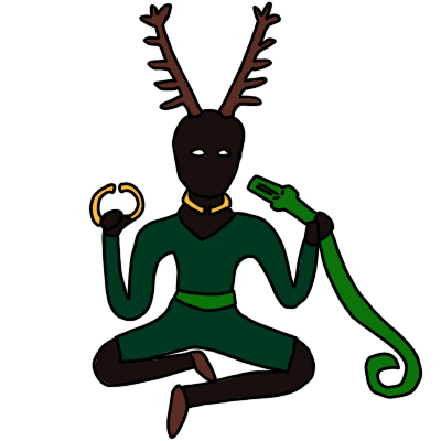 a figure based on ancient Celtic depiction of Cernunnos. dark-skinned figure with antlers, sitting with legs folded in front of him, holding a torc in one hand and snake in the other. he wears a torc and drk green clothing.